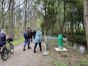 Spaziergänger im Wald mit Bach